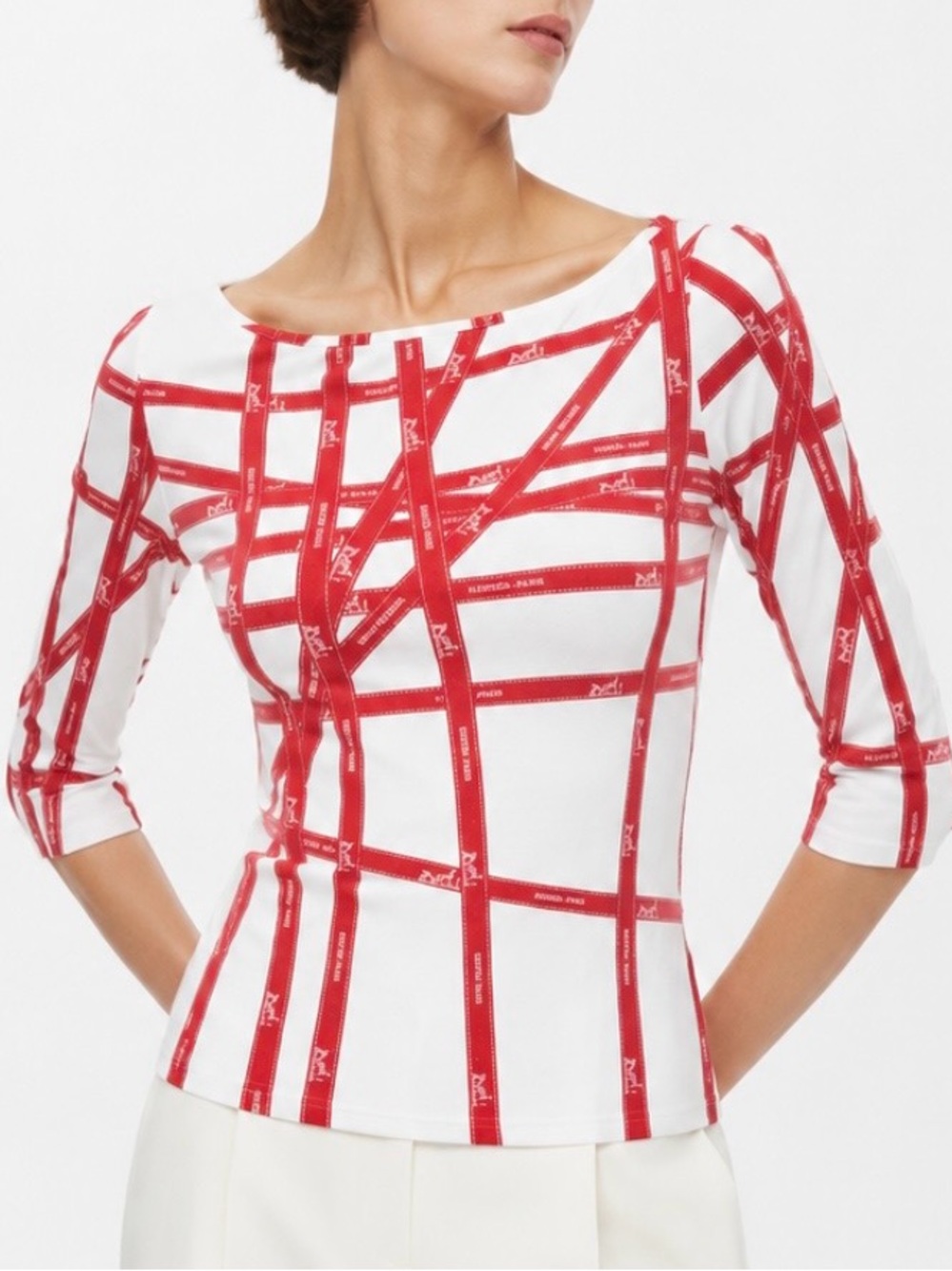 VINTAGE HERMES Red & White Grid-Print Scoop Neck Top Size S